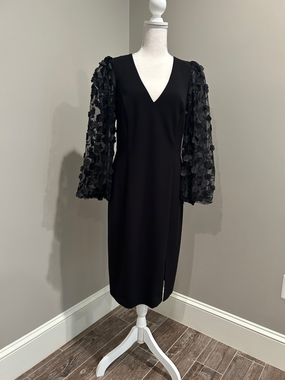 Eliza J Black V-Neck Midi Dress with Floral Appliqué Sheer Balloon Sleeves